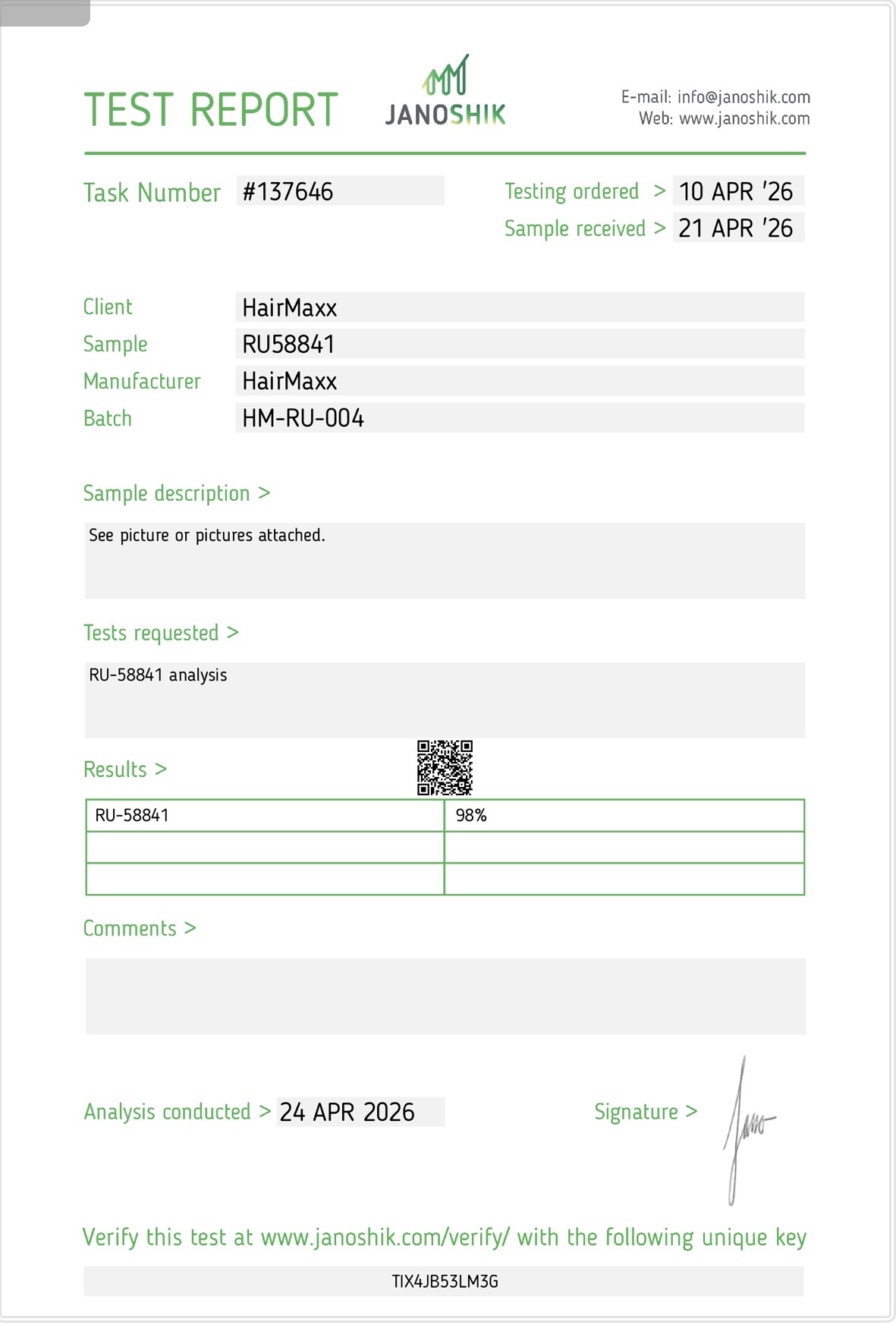 HairMaxx RU58841 Janoshik Lab Test Result